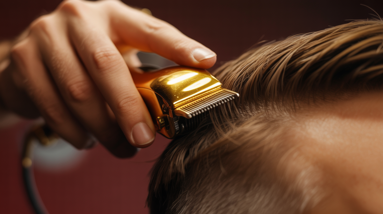 Extreme close-up of master barber precision cutting hair with clippers