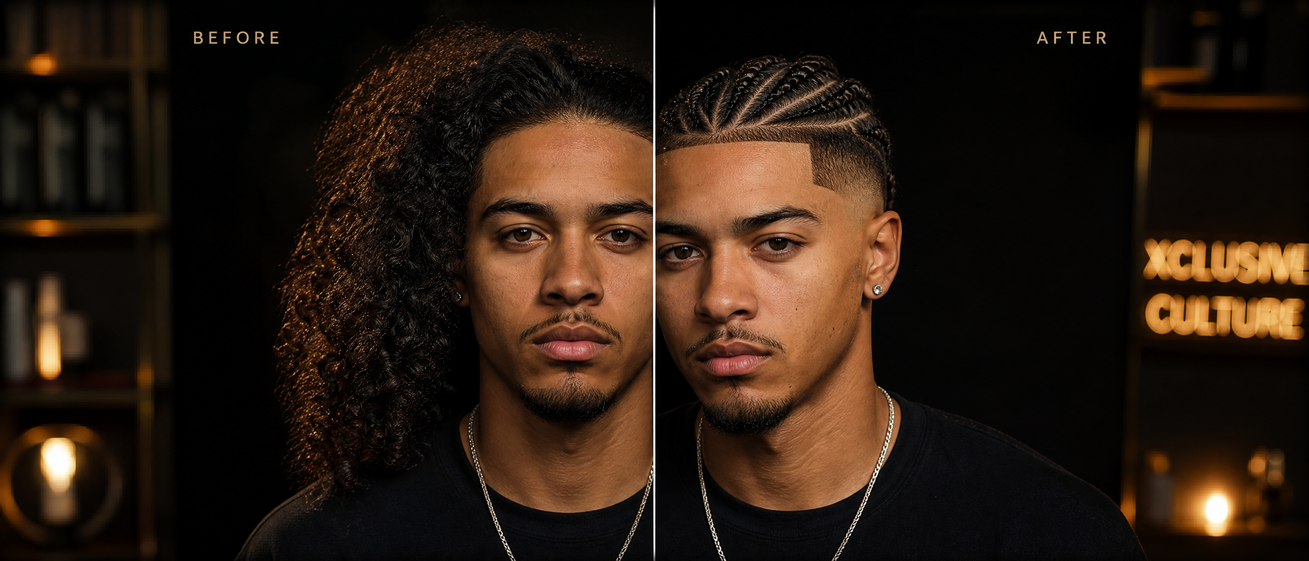 Dramatic hair transformation showing before and after styling