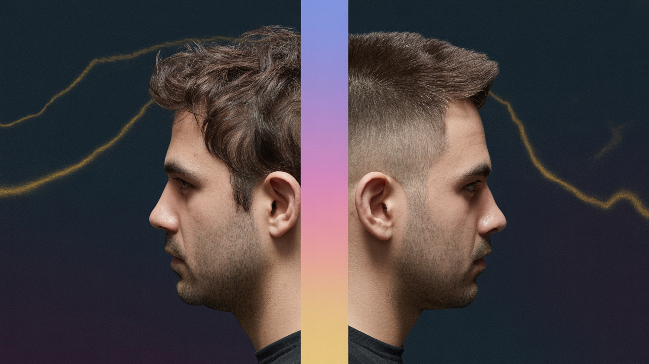 Split-screen hair transformation showing a dramatic before and after haircut