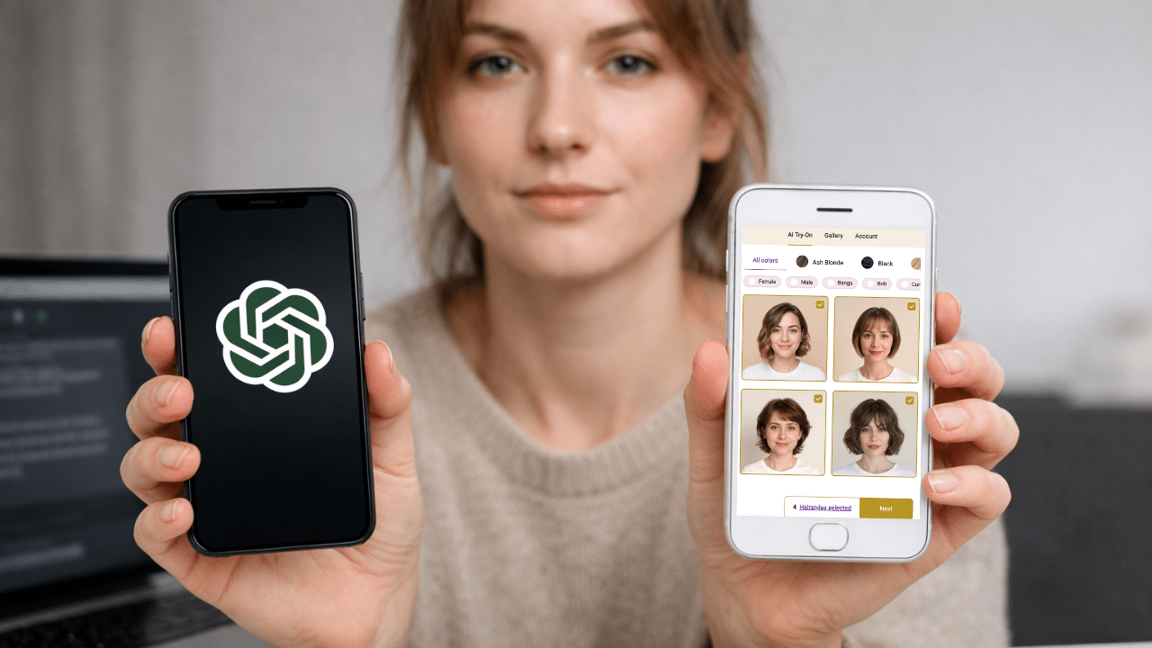 Person using MirrorX AI try-on to preview hairstyles