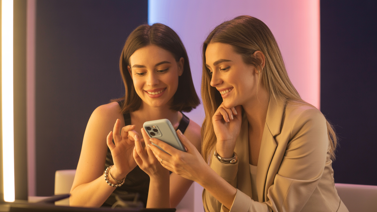 Two friends sharing their phone at a salon, excited about referral rewards