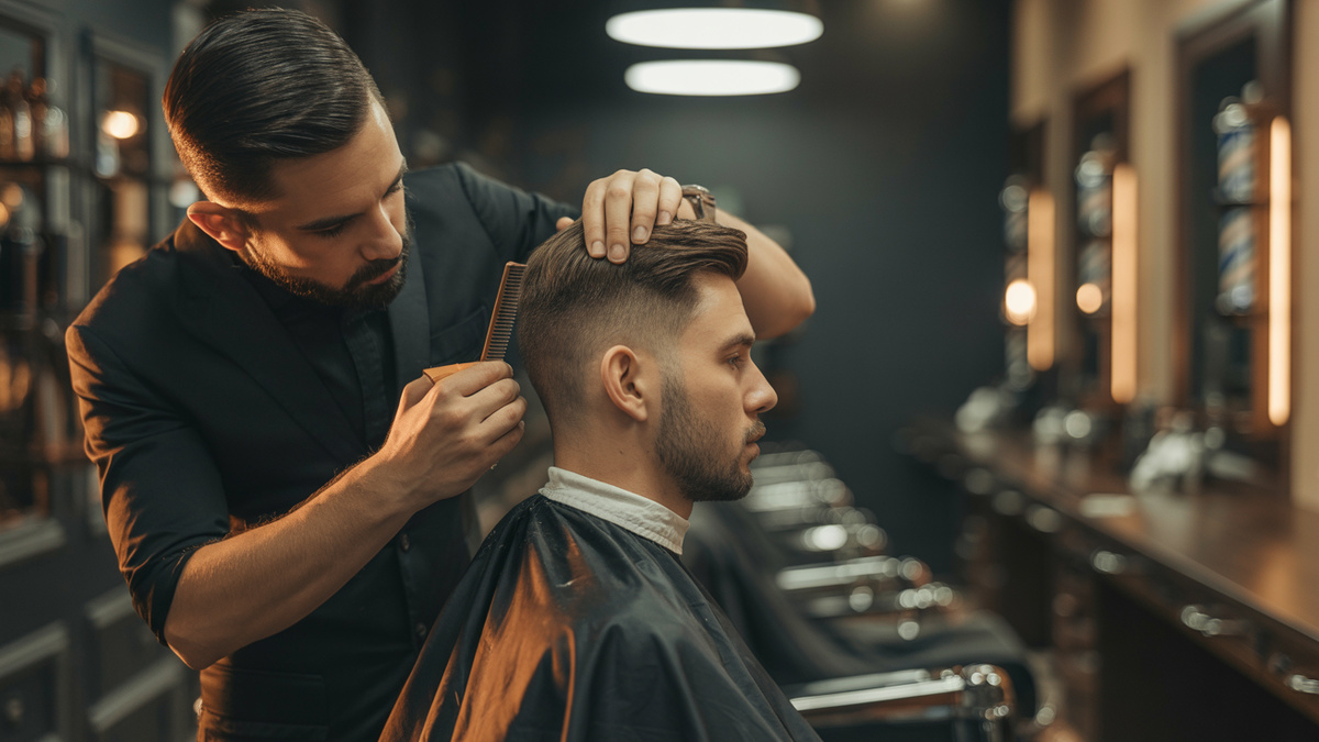 Professional barber giving a precision fade haircut