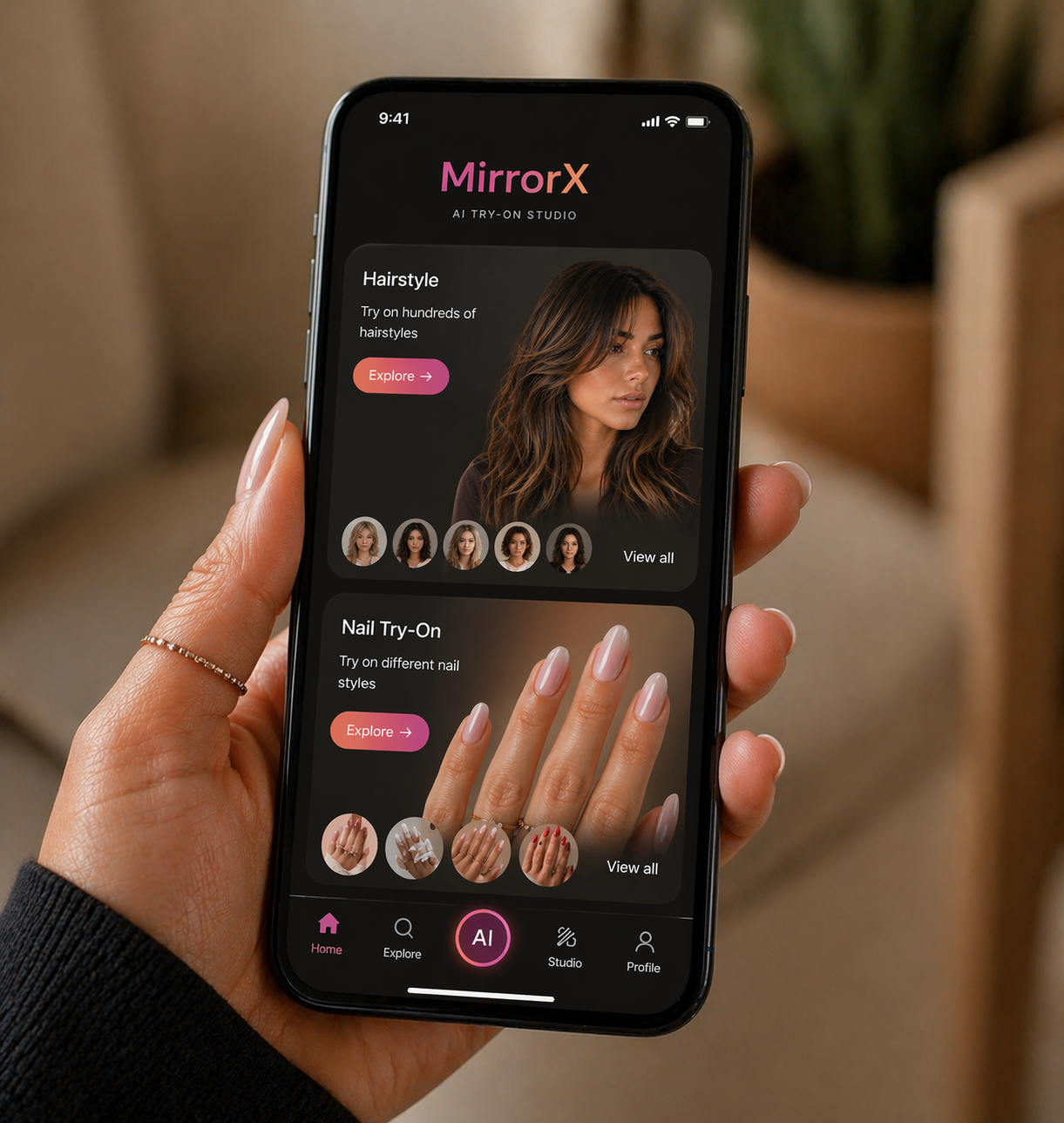 MirrorX home screen showing hair and nail try-on categories