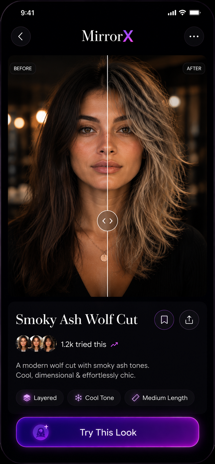 MirrorX AI before and after hair transformation on smartphone