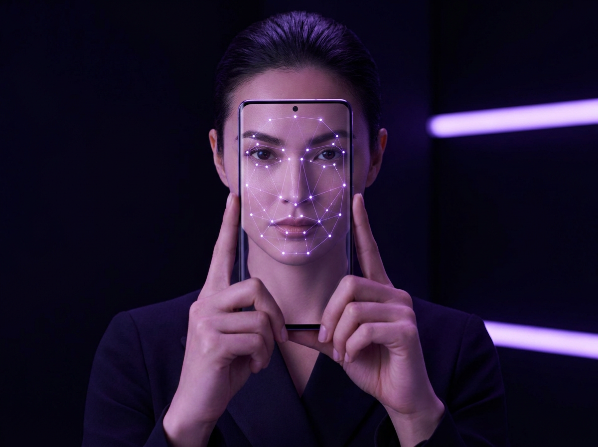 Woman taking a selfie with purple AI facial mapping overlay on her phone
