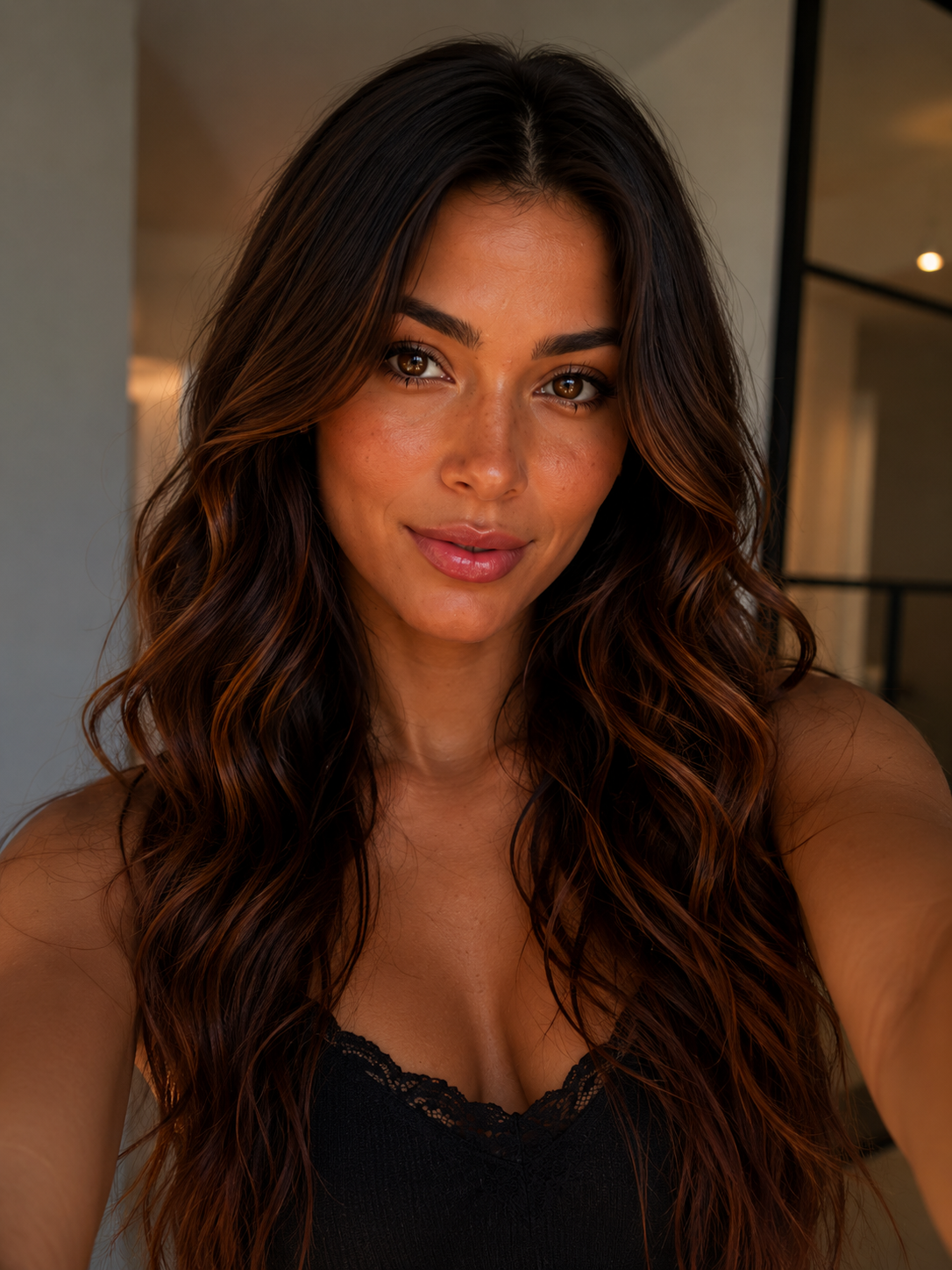 Woman with long wavy brown hair taking a selfie
