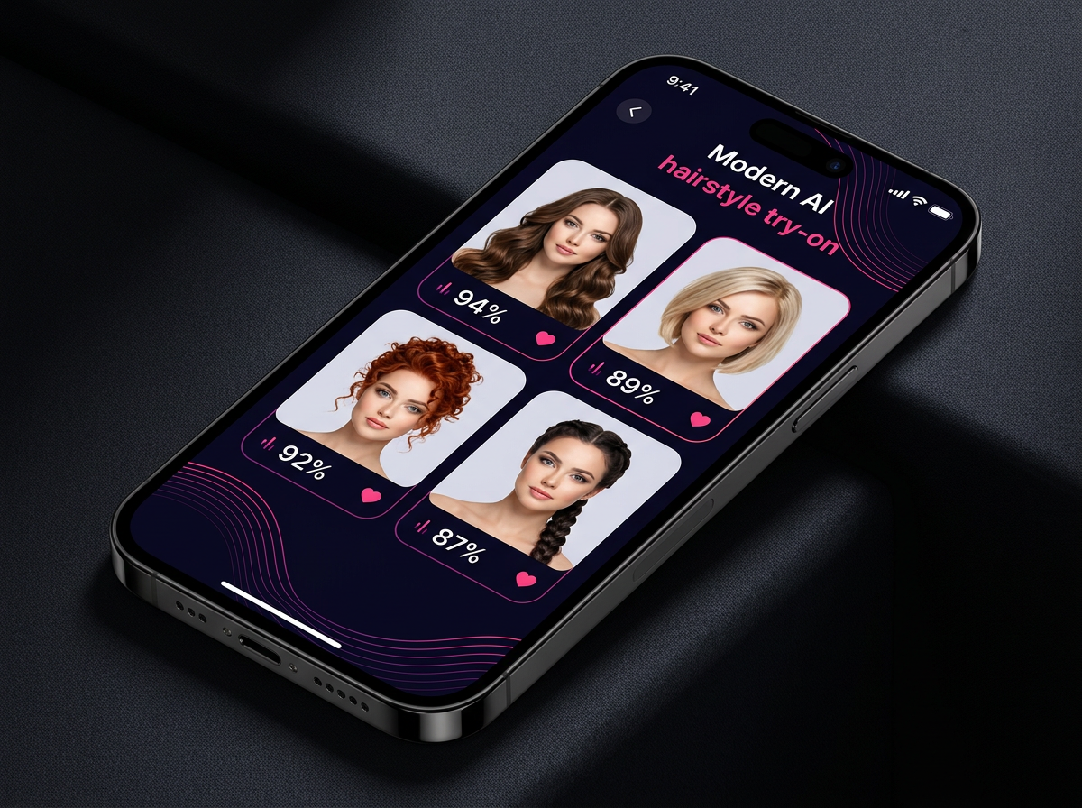 Phone showing AI try-on results with 4 hairstyle options and match percentages